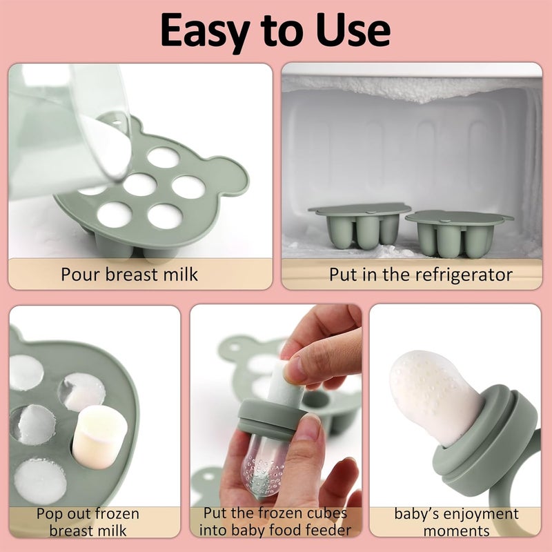 JEXFUN Silicone Baby Fruit Food Feeder & Mini Freezer Nibble Tray, Breastmilk Popsicle Molds for Baby Teething Relief, BPA Free Silicone Teething Toys Feeder for Safe Infant Self Feeding, Extra Food Pouches - Image 4